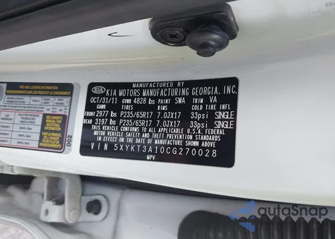 2012 Kia Sorento Lx from USA, damaged, VIN 5XYKT3A10CG270028